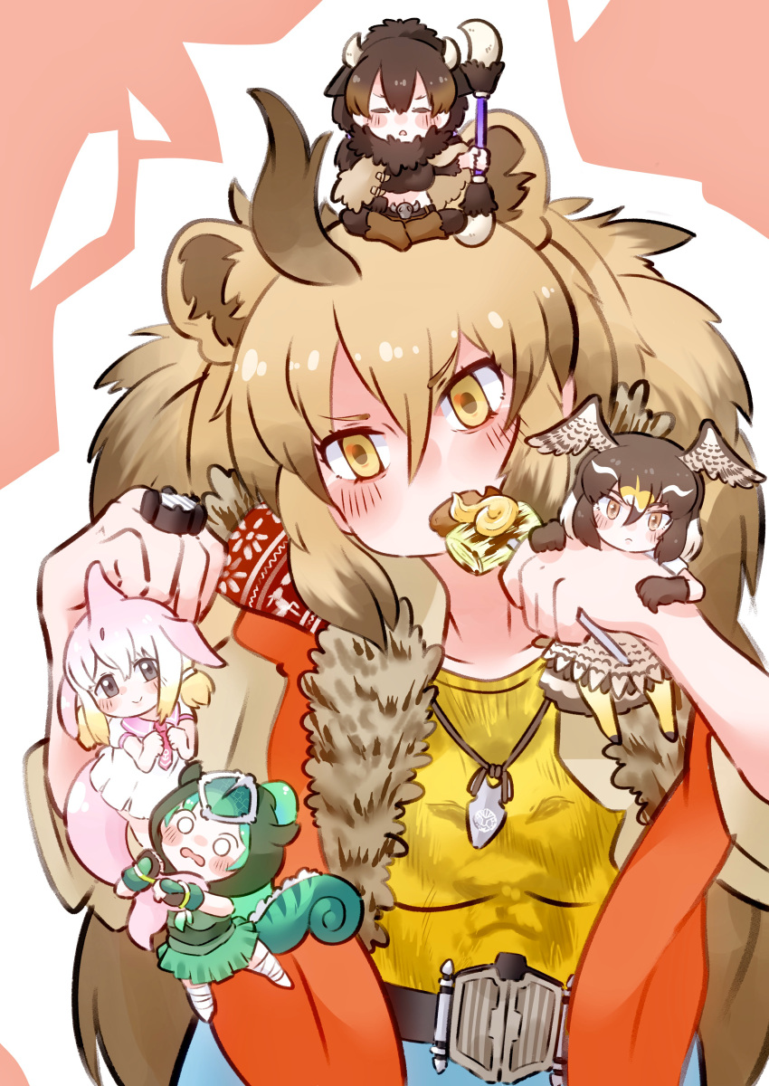 5girls absurdres ahoge alternate_costume american_bison_(kemono_friends) animal_ears bangs belt belt_buckle big_hair bird_tail bird_wings blonde_hair blowhole boots brown_eyes brown_hair buckle capelet chameleon_tail chibi chinese_white_dolphin_(kemono_friends) closed_eyes commentary_request dolphin_tail dorsal_fin dress eating extra_ears eyebrows_visible_through_hair facing_viewer fins food fur_collar gloves green_hair grey_eyes hair_between_eyes hanging head_tilt head_wings highres holding holding_weapon hood hood_up horns jewelry kamen_rider kamen_rider_beast kamen_rider_beast_(cosplay) kamen_rider_wizard_(series) kemono_friends light_brown_hair lion_(kemono_friends) lion_ears looking_at_viewer minigirl multicolored_hair multiple_girls necktie panther_chameleon_(kemono_friends) pants pantyhose parsley_(simonov1941) parted_bangs pendant peregrine_falcon_(kemono_friends) pink_hair polearm shirt sidelocks sitting sitting_on_head sitting_on_person size_difference skirt smile tail tail_fin v-shaped_eyebrows weapon white_hair wings