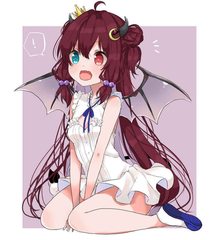 1girl alternate_costume between_legs breasts crescent crescent_hair_ornament crown demon_horns demon_wings dress hair_bobbles hair_ornament hand_between_legs heterochromia highres horns nijisanji open_mouth redhead seiza simple_background sitting small_breasts virtual_youtuber wings yuzuki_roa