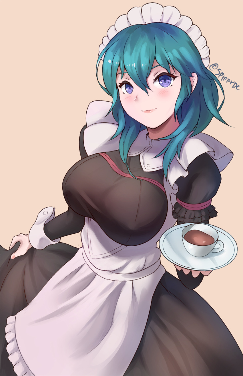 1girl blue_eyes blue_hair byleth_(fire_emblem) byleth_eisner_(female) closed_mouth cup fire_emblem fire_emblem:_three_houses highres holding long_sleeves maid maid_headdress medium_hair plate simple_background smile solo spiffydc teacup twitter_username