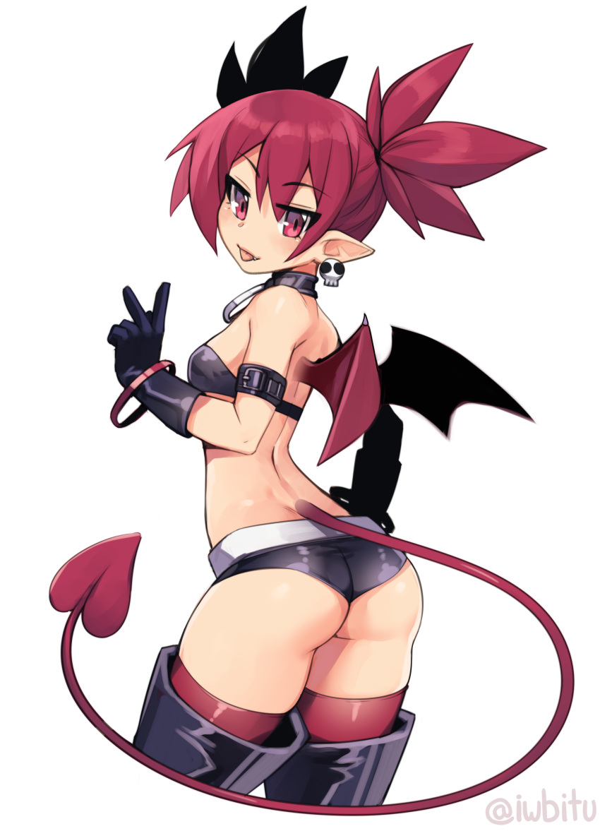 1girl :p absurdres arm_belt artist_name ass bangs bare_shoulders black_footwear black_gloves black_shorts boots breasts commentary cowboy_shot cropped_legs demon_girl demon_tail disgaea earrings english_commentary etna eyebrows_visible_through_hair fang fang_out from_behind gloves hair_between_eyes hand_on_hip highres iwbitu-sa jewelry long_hair looking_at_viewer looking_back makai_senki_disgaea micro_shorts mini_wings paid_reward patreon_reward pointy_ears red_eyes red_legwear redhead shiny shiny_hair shiny_skin short_shorts shorts simple_background skull_earrings small_breasts smile solo standing tail thigh-highs thigh_boots tongue tongue_out twintails twitter_username v v-shaped_eyebrows white_background