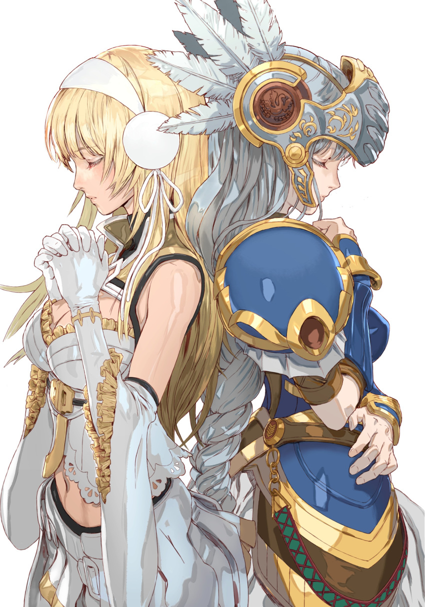 2girls absurdres armor armored_dress back-to-back bangs blonde_hair blue_armor braid breasts closed_eyes closed_mouth commentary company_connection detached_sleeves dress earmuffs elbow_gloves evelysse_(star_ocean) feathers from_side gauntlets gloves grey_headwear hand_on_own_chest hand_to_own_mouth helmet highres interlocked_fingers large_breasts lenneth_valkyrie long_hair long_sleeves medium_dress midriff multiple_girls navel praying silver_hair simple_background single_braid standing star_ocean star_ocean_anamnesis valkyrie very_long_hair white_background white_dress white_gloves yasuda_akira