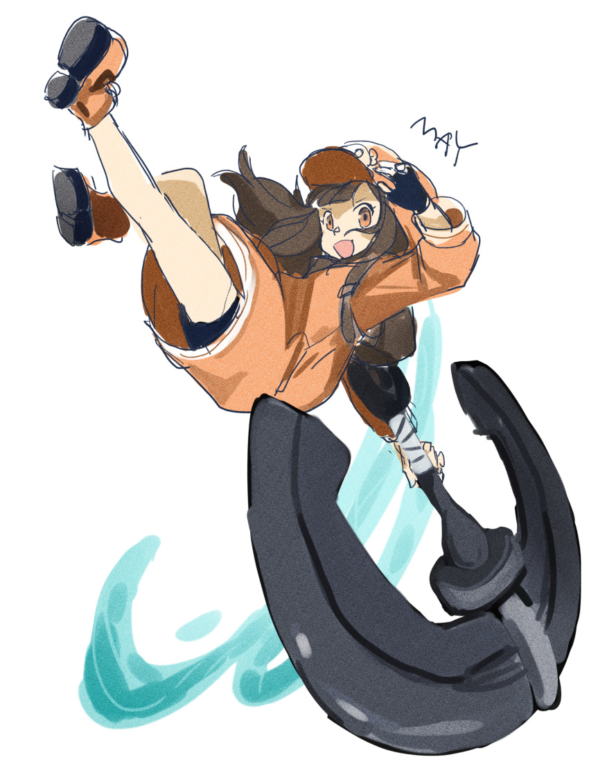 1girl anchor backpack bag bike_shorts black_gloves boots breasts brown_eyes brown_hair character_name falling fingerless_gloves gloves guilty_gear guilty_gear_strive happy hat highres long_hair may_(guilty_gear) open_mouth orange_headwear orange_shirt pirate pirate_hat shirt skull_and_crossbones small_breasts smile solo sost_fgo weapon