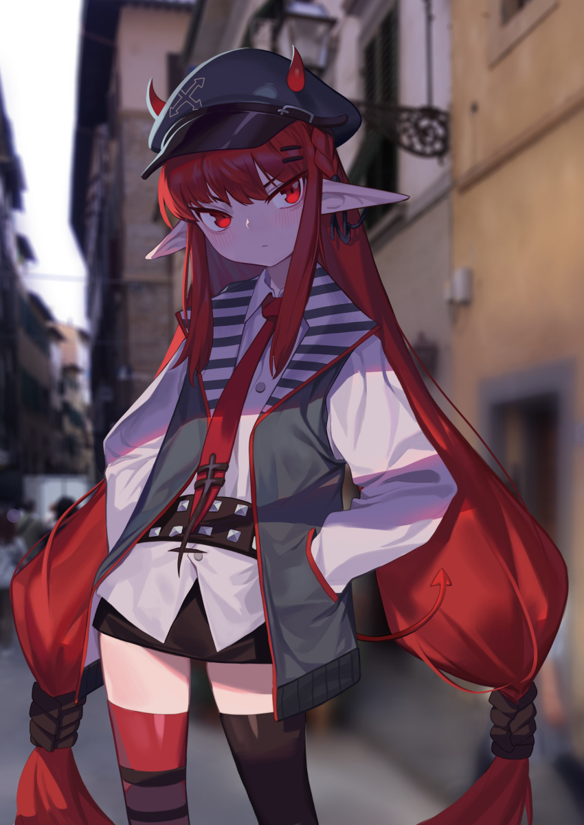1girl absurdres arknights black_legwear black_skirt blurry blurry_background blush closed_mouth demon_horns demon_tail hair_ornament hairclip hands_in_pockets hat highres horns horns_through_headwear jacket long_hair mismatched_legwear necktie outdoors pointy_ears red_eyes red_legwear red_neckwear redhead skirt solo ssangbong-llama standing striped tail thigh-highs twintails very_long_hair
