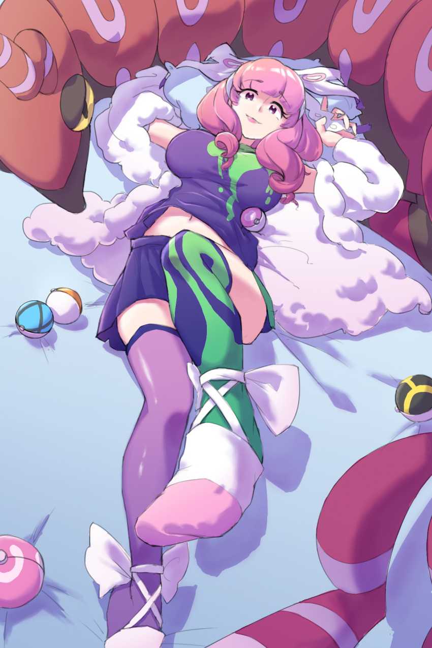 1girl bangs bed bed_sheet bow breasts coat commentary_request eyebrows_visible_through_hair feet full_body fur_coat gen_5_pokemon genshoku_area green_legwear hair_bow hair_ornament hairband heal_ball highres jersey kurara_(pokemon) large_breasts leg_up legs looking_at_viewer love_ball lying mismatched_legwear navel net_ball no_shoes on_back on_bed open_clothes open_coat pillow pink_hair pink_legwear poke_ball pokemon pokemon_(game) pokemon_swsh purple_legwear scolipede short_hair skirt smile solo thigh-highs ultra_ball violet_eyes white_coat white_hairband
