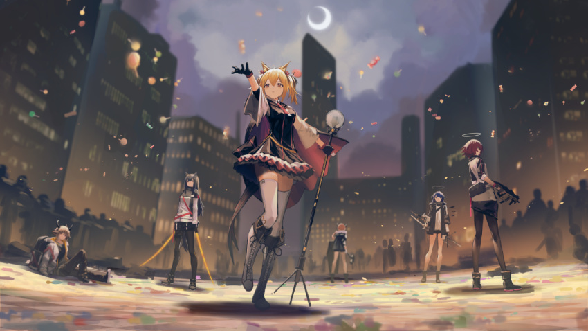 1boy 5girls 6+others animal_ear_fluff animal_ears arknights artist_request bison_(arknights) black_gloves black_hair black_legwear blonde_hair candy cityscape crescent_moon croissant_(arknights) exusiai_(arknights) fingerless_gloves food gloves gun hair_between_eyes halo holding holding_weapon jacket long_hair microphone moon mostima_(arknights) multiple_girls multiple_others official_art pantyhose red_eyes redhead short_hair sora_(arknights) sword tail texas_(arknights) thigh-highs twintails weapon white_jacket