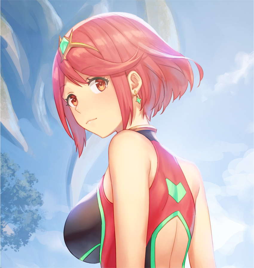 1girl anbe_yoshirou ass back_cutout bangs bare_arms bare_shoulders breasts closed_mouth competition_swimsuit day earrings emerald_float eyebrows_visible_through_hair fence gem highres pyra_(xenoblade) jewelry large_breasts looking_at_viewer looking_back multicolored multicolored_clothes multicolored_swimsuit one-piece_swimsuit outdoors red_eyes redhead short_hair sitting smile solo swept_bangs swimsuit thighs tiara tree upper_body xenoblade_(series) xenoblade_2