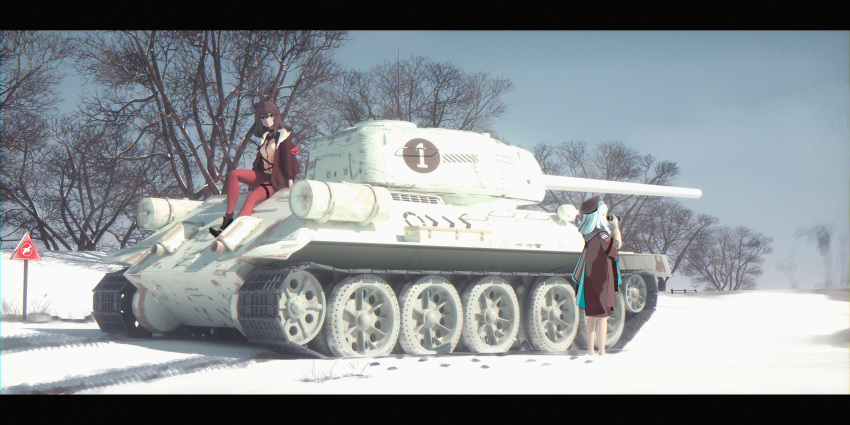 2girls absurdres animal_ears arknights bangeningmeng bare_tree bear_ears beret binoculars blue_eyes boots brown_hair brown_jacket caterpillar_tracks choker commentary_request day grey_sky ground_vehicle hat highres holding huge_filesize istina_(arknights) jacket letterboxed long_hair looking_at_viewer military military_vehicle motor_vehicle multicolored_hair multiple_girls outdoors pantyhose red_legwear road_sign shirt sign sitting snow standing streaked_hair sunlight t-34-85 tank tree white_hair white_shirt wide_shot winter zima_(arknights)