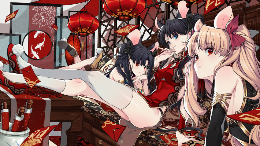 3girls animal_ears ass asymmetrical_legwear bare_shoulders black_gloves black_hair black_panties blonde_hair blue_eyes breasts brown_hair china_dress chinese_clothes crossed_legs dress elbow_gloves envelope ereshkigal_(fate/grand_order) fang fate/stay_night fate_(series) gloves highres ishtar_(fate)_(all) kneehighs lantern looking_at_viewer lying mouse_ears mouse_tail multiple_girls on_stomach panties red_eyes smile tail thigh-highs toosaka_rin twintails underwear white_legwear yaoshi_jun