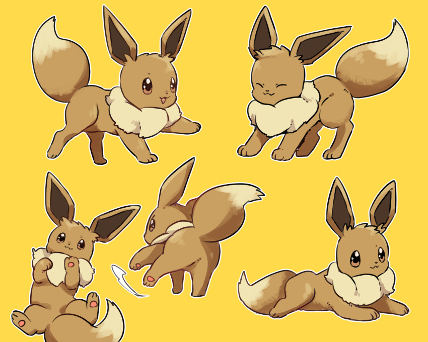 :3 :d ^_^ all_fours brown_eyes closed_eyes creature eevee full_body gen_1_pokemon happy highres lying mizuto_(o96ap) no_humans on_back on_stomach open_mouth pokemon pokemon_(creature) simple_background smile too_many yellow_background