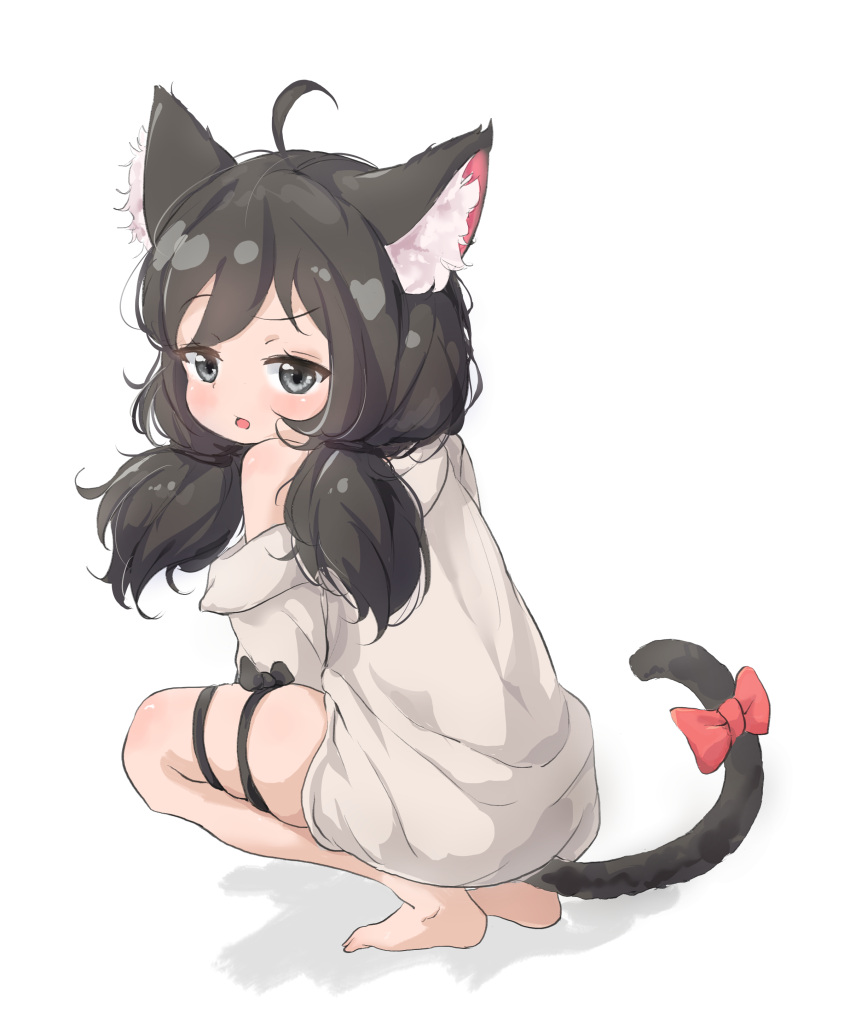absurdres ahoge animal_ear_fluff animal_ears barefoot black_eyes black_hair cat_ears cat_tail derivative_work from_behind highres long_hair looking_back low_twintails no_pants off_shoulder open_mouth original ribbon shirt simple_background squatting tail tail_ribbon thigh_strap twintails white_background white_shirt wowo2469