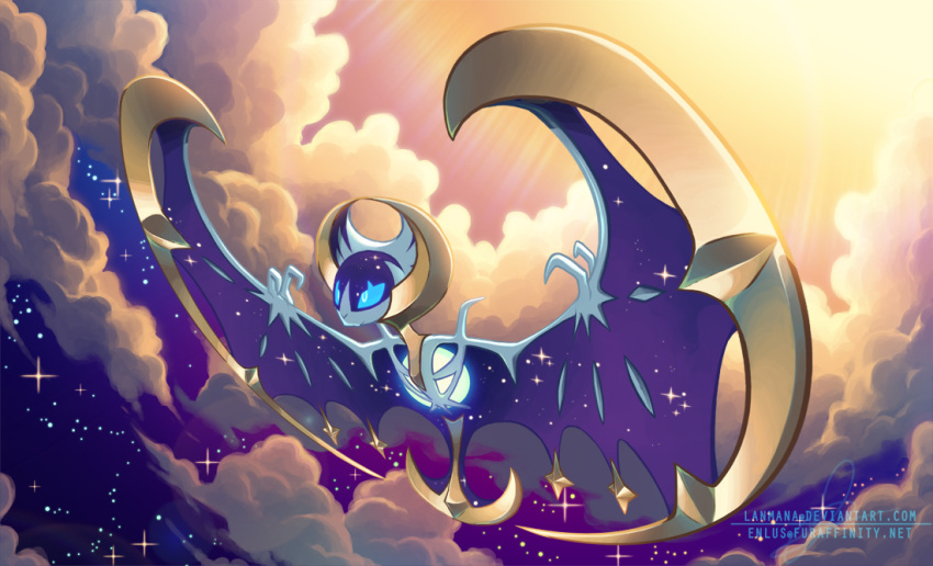 blue_eyes clouds cloudy_sky commentary english_commentary flying full_body gen_7_pokemon lanmana lunala no_humans pokemon pokemon_(creature) sky solo watermark web_address