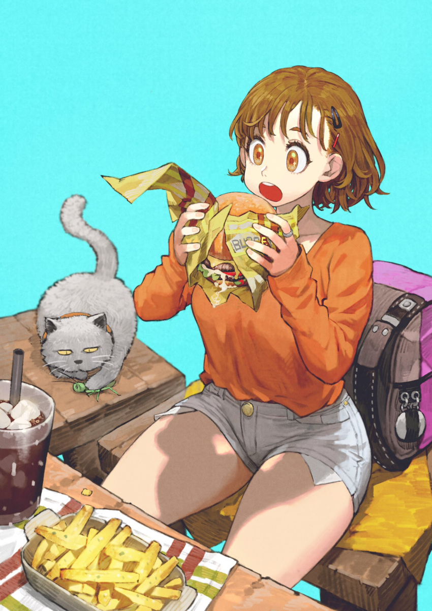 1girl animal backpack backpack_removed bag bangs blue_background breasts brown_eyes brown_hair bug cat collar cup drinking_glass drinking_straw food french_fries grasshopper hair_ornament hairclip hamburger highres ice ice_cube insect jewelry jun_(seojh1029) open_mouth original ring short_hair shorts simple_background sitting solo teeth