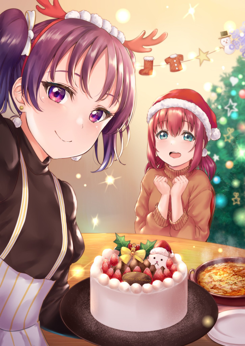 2girls :d black_sweater blurry blurry_background bow brown_sweater cake christmas christmas_tree closed_mouth earrings fake_antlers food fur-trimmed_hat green_eyes hair_bow hairband hat highres holding holding_plate jewelry kazuno_leah kurosawa_ruby long_hair long_sleeves looking_at_viewer love_live! love_live!_sunshine!! multiple_girls open_mouth plate purple_hair rama_(yu-light8) red_hairband red_headwear redhead santa_hat shiny shiny_hair short_hair sitting smile sweater violet_eyes white_bow