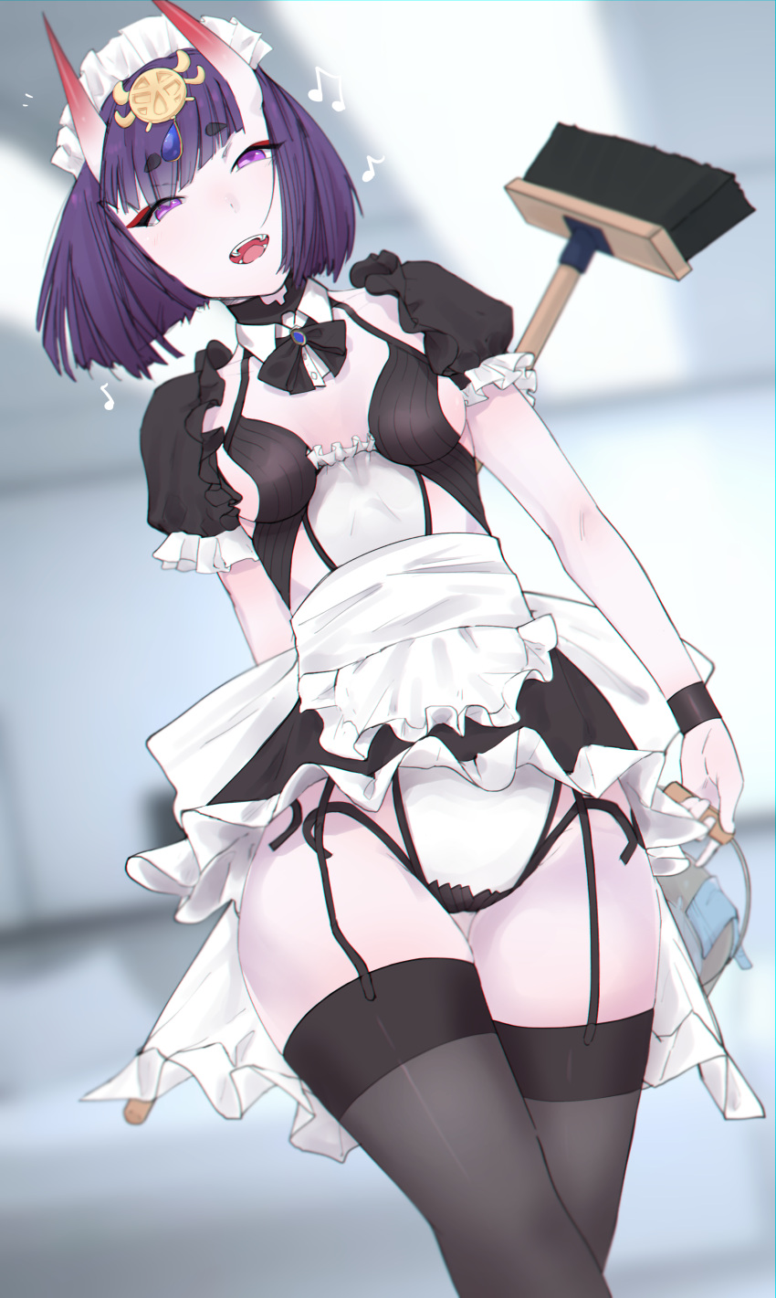 1girl absurdres alternate_costume apron bangs black_dress black_legwear black_neckwear blush bob_cut breasts brooch bucket daiishori detached_collar dress enmaided eyeliner fangs fate/grand_order fate_(series) garter_straps headpiece highres horns jewelry looking_at_viewer maid maid_headdress makeup mop music musical_note oni oni_horns open_mouth puffy_short_sleeves puffy_sleeves purple_hair short_dress short_eyebrows short_hair short_sleeves shuten_douji_(fate/grand_order) sideboob singing skin-covered_horns small_breasts smile solo thigh-highs thighs violet_eyes waist_apron white_apron wristband