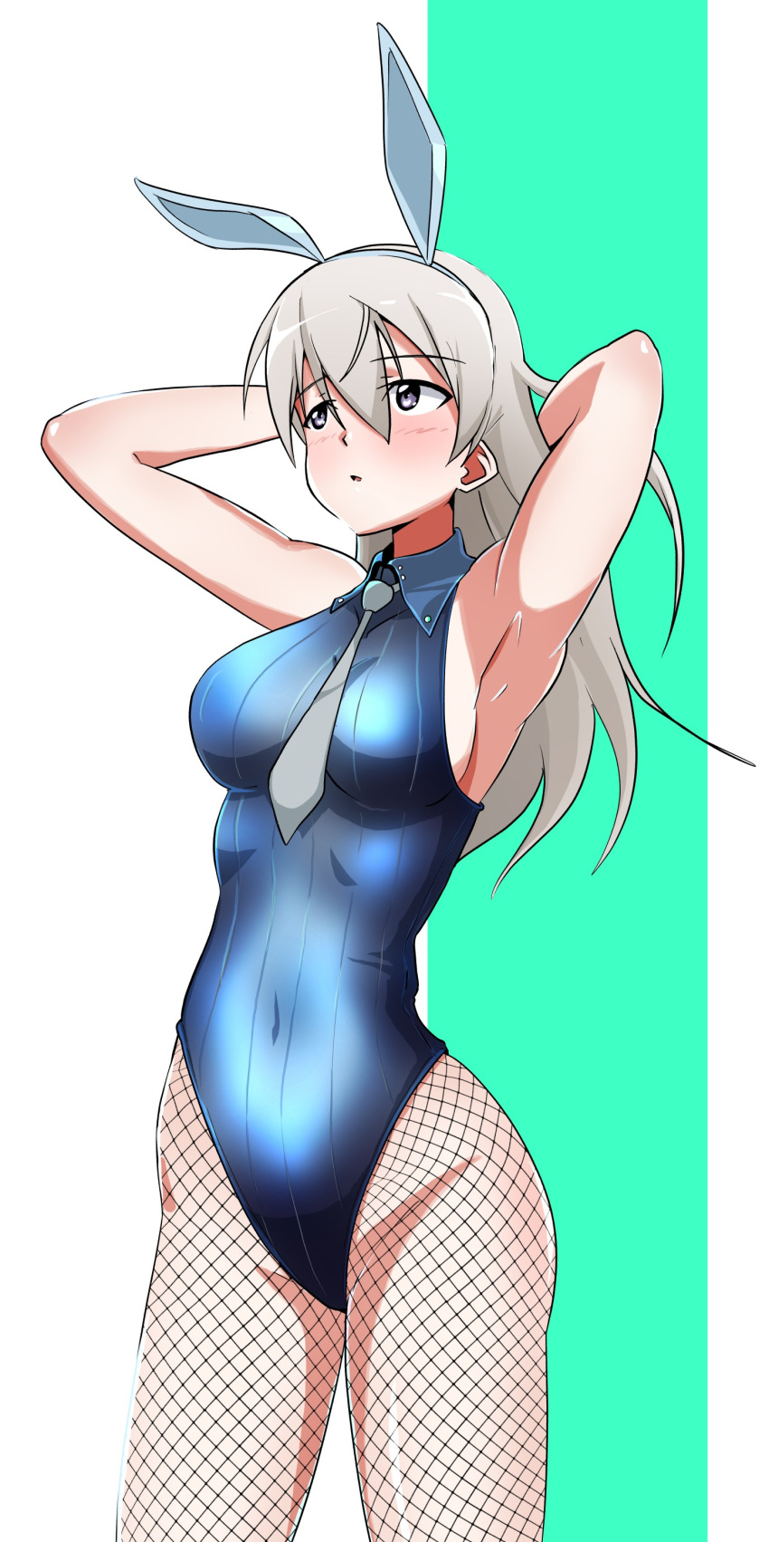 1girl absurdres animal_ears armpits arms_behind_back between_breasts blue_eyes blue_leotard blue_neckwear blush breasts bunny_girl bunnysuit covered_navel eila_ilmatar_juutilainen fake_animal_ears fishnet_legwear fishnets groin highres large_breasts leotard long_hair necktie necktie_between_breasts open_mouth rabbit_ears rafale1008 shiny shiny_hair simple_background solo standing strike_witches two-tone_background white_hair world_witches_series