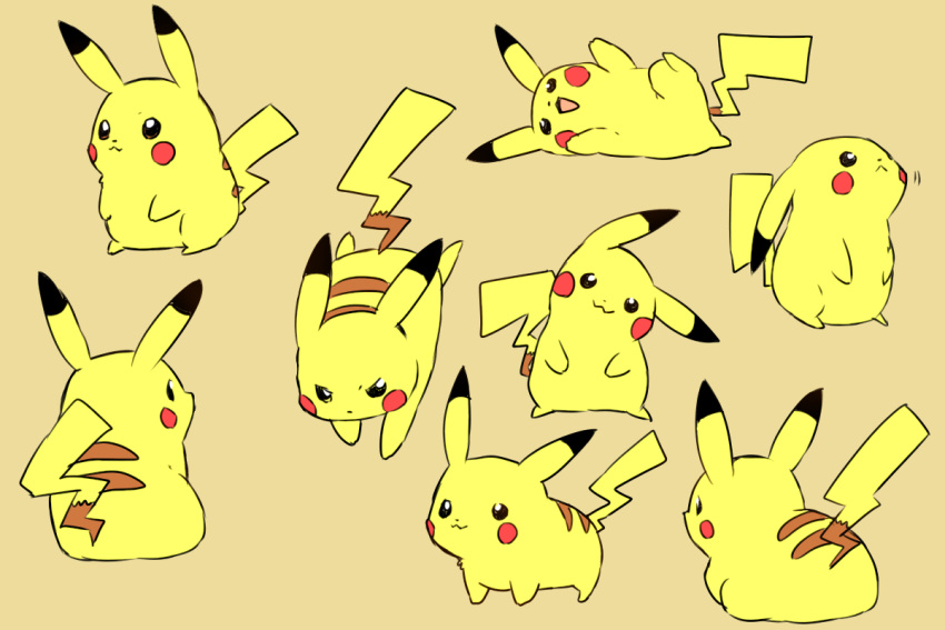 :3 :d black_eyes blush_stickers creature full_body gen_1_pokemon head_tilt looking_at_viewer lying mizuto_(o96ap) no_humans on_side open_mouth pikachu pokemon pokemon_(creature) simple_background smile standing too_many too_many_pikachu yellow_theme