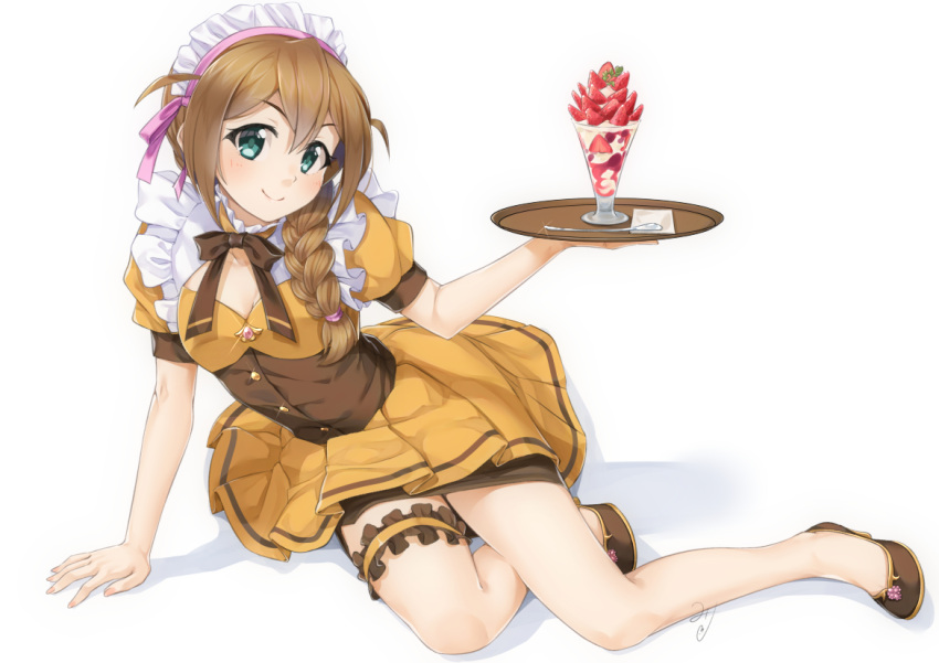 1girl alternate_costume aqua_eyes arm_support baba_konomi bangs bow bow_choker bowtie braid breasts brown_bow brown_footwear brown_hair choker coco's commentary_request dress enmaided food fruit full_body glint hair_over_shoulder hair_ribbon high_heels holding holding_tray ice_cream idolmaster idolmaster_million_live! layered_skirt light_blush looking_at_viewer maid maid_dress maid_headdress miri_(ago550421) pink_ribbon pleated_dress puffy_short_sleeves puffy_sleeves ribbon shadow short_sleeves sidelocks signature simple_background sitting small_breasts smile solo spoon strawberry sundae thigh_strap tray waitress white_background yellow_choker yellow_dress yokozuwari