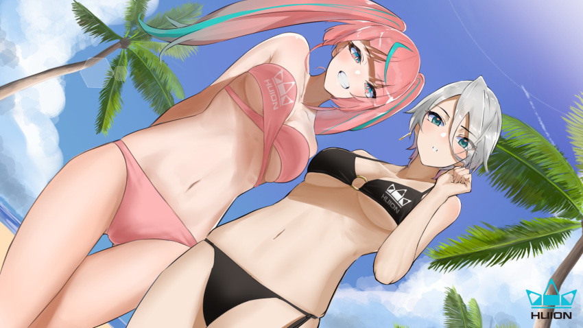 2girls arm_behind_back arms_behind_back bangs beach bikini black_bikini blue_sky breasts clouds commentary_request day diagonal_bangs dutch_angle eyes_visible_through_hair green_eyes green_hair grin hair_between_eyes halter_top halterneck hand_up highres huion logo long_hair looking_at_viewer medium_breasts multicolored_eyes multicolored_hair multiple_girls navel o-ring o-ring_bikini original outdoors palm_tree pink_bikini pink_eyes pink_hair print_bikini short_hair side-tie_bikini silver_hair sky smile standing stomach strapless strapless_bikini swimsuit takita_(takita3411) thigh_gap tree twintails two-tone_hair