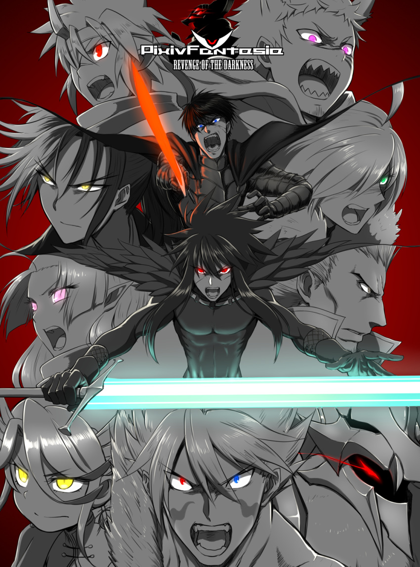 3girls 6+boys ahoge akimaru armor blue_eyes cape closed_mouth facial_hair facial_mark facial_scar fur_trim gloves glowing glowing_eyes glowing_weapon green_eyes grey_eyes hair_between_eyes hair_over_one_eye helmet heterochromia highres holding holding_sword holding_weapon monochrome multicolored multicolored_hair multiple_boys multiple_girls open_mouth parted_lips pink_eyes pixiv_fantasia pixiv_fantasia_revenge_of_the_darkness pointy_ears ponytail red_background red_eyes scar screaming sharp_teeth simple_background sword teeth tongue violet_eyes weapon yellow_eyes