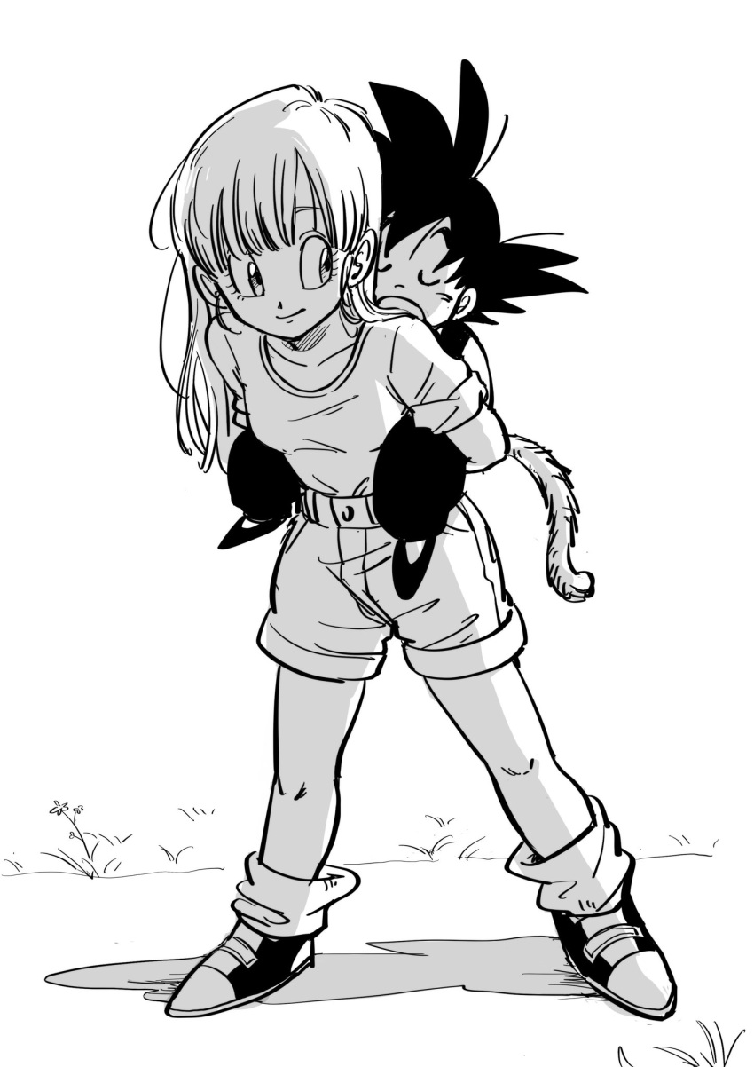 1boy 1girl backlighting bangs bare_legs black_footwear black_hair blunt_bangs boots breasts bulma carrying collarbone commentary_request d: dragon_ball dragon_ball_(classic) eyelashes flower full_body grass greyscale highres legs_apart long_hair looking_at_viewer looking_back medium_breasts monkey_tail monochrome open_mouth piggyback road shaded_face shadow shirt shirt_tucked_in shorts sleeping sleeves_rolled_up smile socks son_gokuu spiky_hair standing straight_hair tail tkgsize u_u white_flower white_shirt