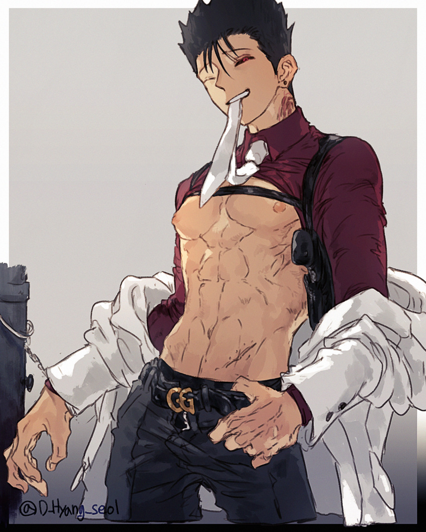 1boy abs belt black_hair black_pants cuffs earrings gun hand_on_hip handcuffs highres holster jewelry leeis_cool long_sleeves male_focus mob_psycho_100 mouth_hold necktie nipples one_eye_closed pants red_eyes shimazaki_ryo shoulder_holster solo standing stud_earrings twitter_username weapon white_neckwear