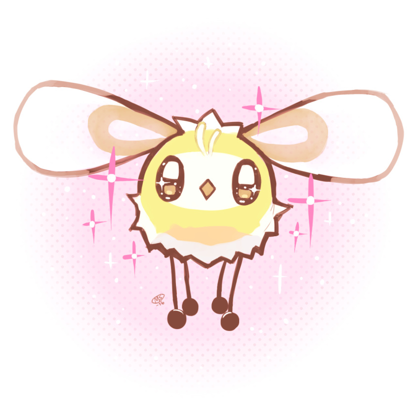 +_+ 2016 black_eyes commentary creature cutiefly english_commentary full_body gen_7_pokemon highres milka_(milk4ppl) no_humans pink_background pokemon pokemon_(creature) polka_dot polka_dot_background signature sparkle