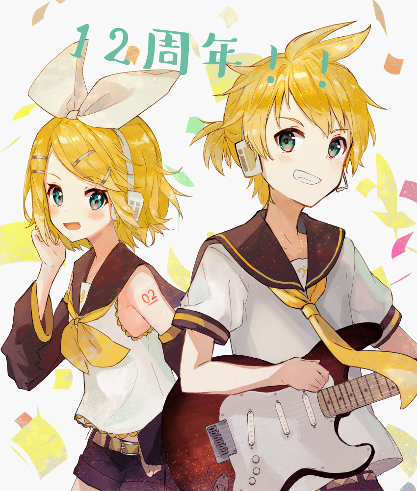 1boy 1girl absurdres anniversary aqua_eyes bangs bare_shoulders black_collar black_shorts black_sleeves blonde_hair blush bow collar commentary confetti detached_sleeves grin guitar hair_bow hair_ornament hairclip highres holding holding_instrument instrument kagamine_len kagamine_rin looking_at_viewer neckerchief necktie note55885 open_mouth sailor_collar school_uniform shirt short_hair short_ponytail short_shorts short_sleeves shorts shoulder_tattoo sleeveless sleeveless_shirt smile spiky_hair swept_bangs tattoo treble_clef upper_body vocaloid white_background white_bow white_shirt yellow_neckwear