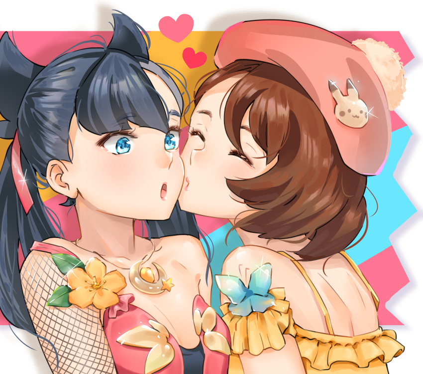 2girls bangs bare_shoulders black_hair blue_eyes breasts brown_hair bug butterfly collarbone commentary_request dress eyebrows_visible_through_hair flower heart highres insect kiss large_breasts long_hair mary_(pokemon) multiple_girls open_mouth orange_flower pikachu pink_ribbon pokemon pokemon_(game) pokemon_swsh ribbon short_hair user_wyyy5425 yellow_dress yuri yuuri_(pokemon)