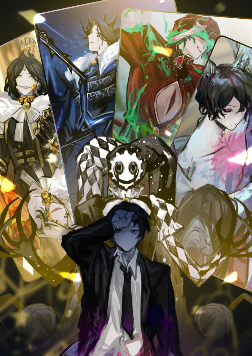 1boy arm_up black_eyes black_hair black_jacket black_necktie card closed_mouth despair e.g.o_(project_moon) highres jacket library_of_ruina long_sleeves male_focus messy multiple_views necktie nishikujic project_moon roland_(library_of_ruina)