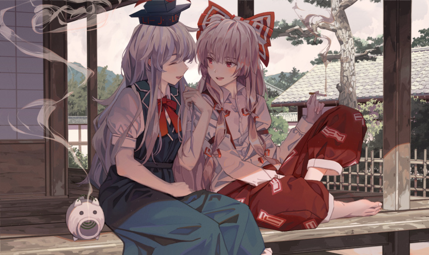 2girls :d ^_^ bangs barefoot blue_dress blue_headwear blush bow building closed_eyes dress eyebrows_visible_through_hair facing_another feet_out_of_frame fujiwara_no_mokou hair_between_eyes hair_bow incense juliet_sleeves kamishirasawa_keine long_hair long_sleeves looking_at_another maachi_(fsam4547) multiple_girls neck_ribbon open_mouth outdoors pants pinafore_dress profile puffy_short_sleeves puffy_sleeves red_eyes red_neckwear red_pants red_ribbon ribbon shirt short_sleeves silver_hair sitting smile suspenders touhou tree white_bow white_shirt