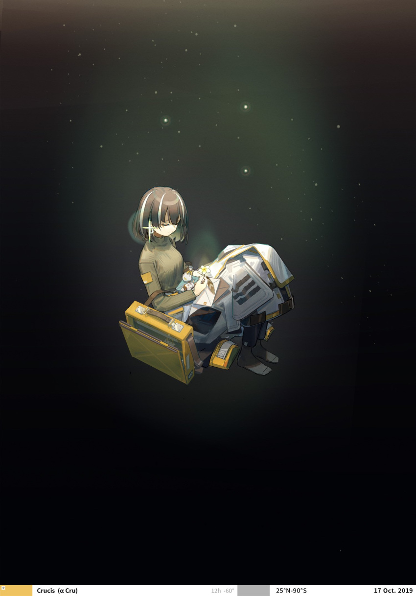 1girl arknights black_background black_pants bob_cut brown_hair case closed_eyes coat coat_removed earrings envelope feathers flower glowing highlights highres jewelry light_particles lonely magallan_(arknights) multicolored_hair norizc pants pouch short_hair smile socks sweater turtleneck turtleneck_sweater