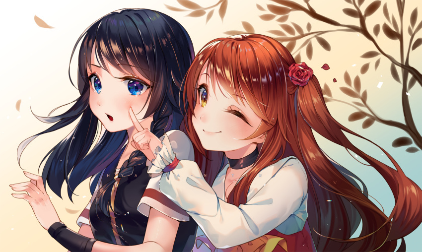 2girls :o ;) artist_name bangs black_choker black_hair black_vest blue_eyes blush borrowed_character braid cheek_poking choker commentary commission english_commentary eyebrows_visible_through_hair flower gradient gradient_background hair_flower hair_ornament highres hyanna-natsu long_hair multiple_girls one_eye_closed one_side_up open_mouth orange_hair original petals poking red_flower red_rose rose rose_petals shirt short_sleeves side_braid smile swept_bangs upper_body vest white_shirt yellow_eyes