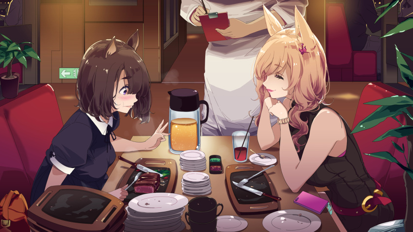 1boy 2girls animal_ears blonde_hair booth brown_hair cellphone clipboard closed_eyes commentary_request elbows_on_table empty_plate food fork fox_ears fox_girl_(mikoto_akemi) full_mouth holding holding_fork indoors knife long_hair medium_hair mikoto_akemi multiple_girls original phone plate plate_stack raccoon_ears raccoon_girl_(mikoto_akemi) restaurant sitting sweatdrop table w watch watch wide-eyed