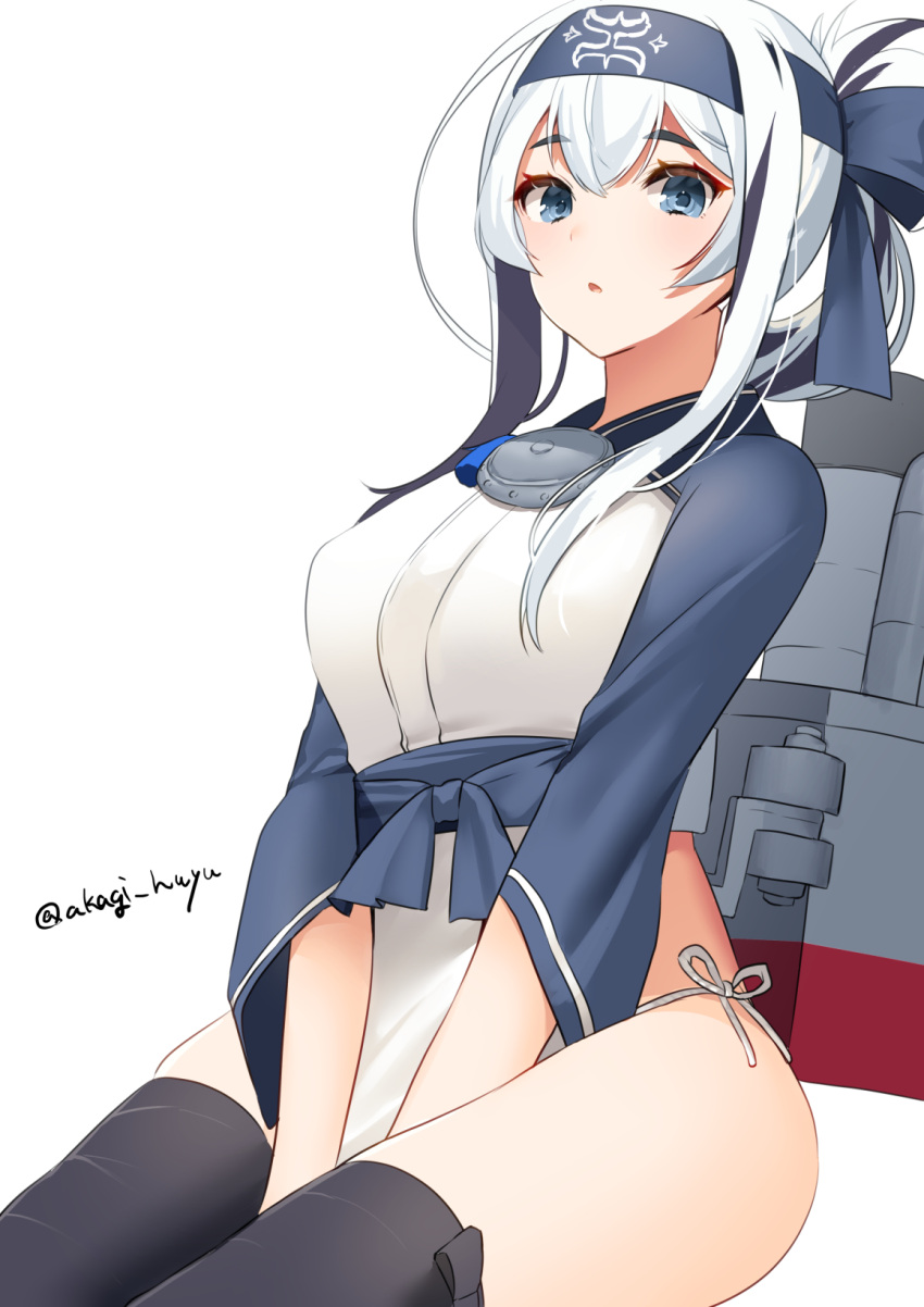 1girl ainu_clothes black_legwear blue_eyes blue_hair blue_headband blue_jacket cropped_jacket dress folded_ponytail hair_between_eyes headband highres jacket kamoi_(kantai_collection) kantai_collection long_hair mizuki_eiru_(akagi_kurage) multicolored_hair parted_lips sidelocks simple_background sleeveless sleeveless_dress solo thigh-highs twitter_username white_background white_dress white_hair