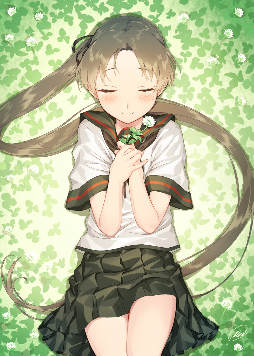 1girl ayanami_(kantai_collection) black_ribbon black_sailor_collar black_skirt blew_andwhite blush brown_hair closed_eyes commentary_request cowboy_shot flower hair_ribbon highres holding holding_flower kantai_collection long_hair lying on_back pleated_skirt remodel_(kantai_collection) ribbon sailor_collar school_uniform serafuku short_sleeves side_ponytail signature skirt smile solo white_flower