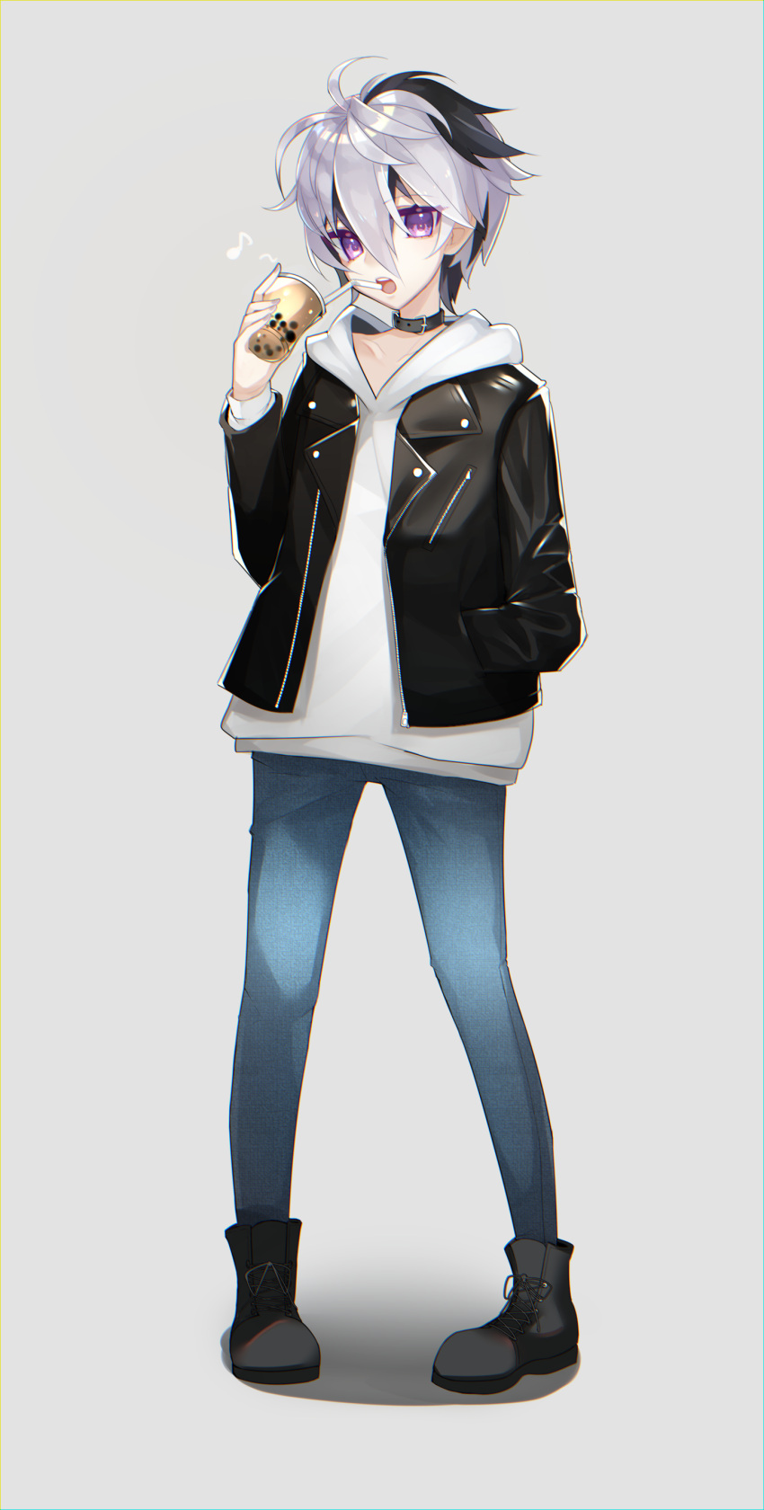 1girl absurdres androgynous bangs belt_collar black_footwear black_hair black_jacket boots bubble_tea collar cup denim disposable_cup drinking drinking_straw eighth_note flower flower_(vocaloid) full_body grey_background hand_in_pocket highres holding holding_cup jacket jeans looking_at_viewer multicolored_hair musical_note open_mouth pants reirou_(chokoonnpu) short_hair solo standing streaked_hair v_flower_(vocaloid4) violet_eyes vocaloid white_hair white_hoodie