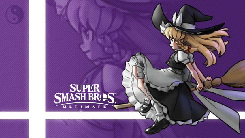 absurdres apron black_footwear blonde_hair braid broom broom_riding english_text frilled_skirt frills hat highres kirisame_marisa leaning_back logo looking_to_the_side mary_janes nin_nakajima puffy_sleeves shoes short_sleeves skirt smile super_smash_bros. touhou white_legwear witch witch_hat yin_yang yin_yang_orb zoom_layer