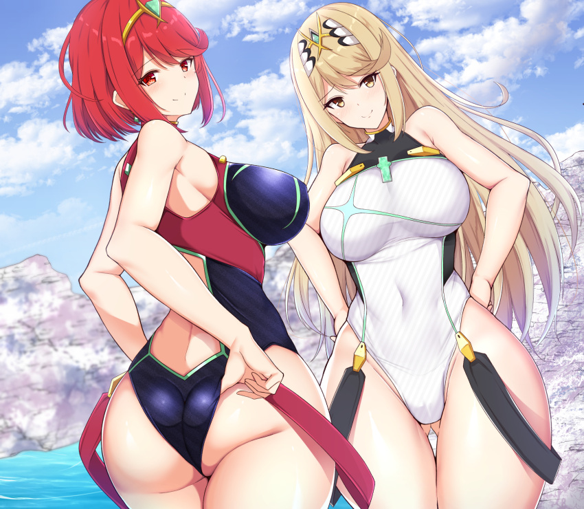 2girls adjusting_clothes adjusting_swimsuit ass ass_visible_through_thighs back back_cutout bangs bare_shoulders black_swimsuit blue_sky blush breasts closed_mouth clouds colored_stripes covered_collarbone covered_navel cowboy_shot curvy day diagonal_stripes dutch_angle earrings emerald_(gemstone) eyebrows_visible_through_hair from_behind gem gradient_hair groin halterneck highres mythra_(xenoblade) pyra_(xenoblade) jewelry large_breasts legs_together light_brown_hair light_smile long_hair looking_at_viewer multicolored_hair multiple_girls noeomi one-piece_swimsuit outdoors raised_eyebrows red_eyes redhead rock short_hair sidelocks sky smile standing straight_hair strap striped striped_swimsuit swept_bangs swimsuit thick_thighs thighs tiara turtleneck twisted_torso very_long_hair water white_swimsuit wide_hips xenoblade_(series) xenoblade_2 yellow_eyes