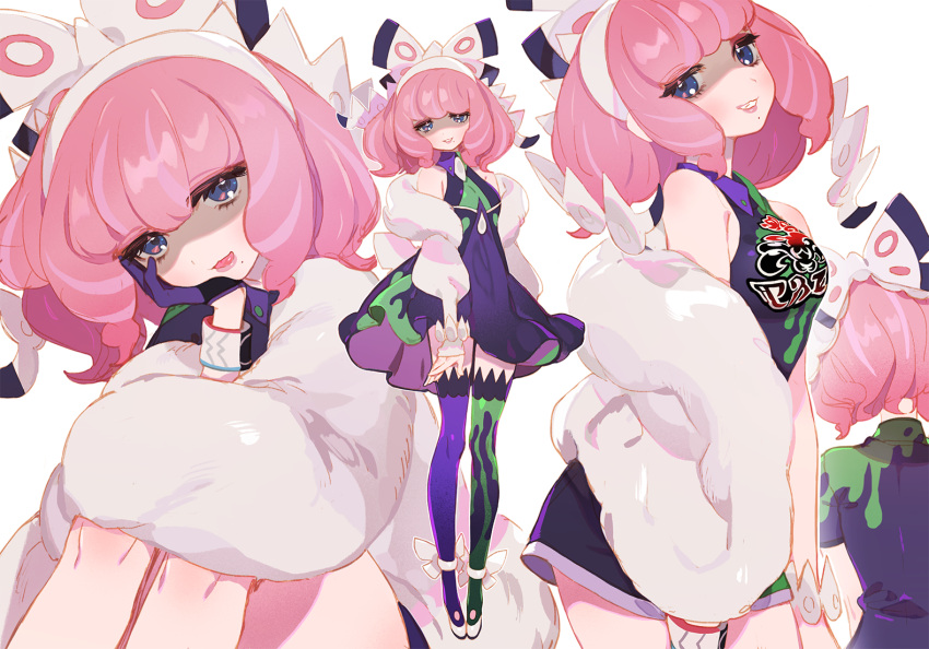 1girl alternate_costume bare_shoulders blush bow breasts chin_rest coat dress eyebrows_visible_through_hair full_body fur_coat gloves green_legwear gwayo hair_bow hair_ornament hairband hand_on_own_cheek hand_on_own_face head_rest jersey kurara_(pokemon) looking_at_viewer medium_breasts mismatched_legwear mole mole_under_mouth open_clothes open_coat open_mouth pink_hair pokemon pokemon_(game) pokemon_swsh purple_gloves shirt short_hair single_glove sleeveless sleeveless_dress sleeveless_shirt smile solo thigh-highs violet_eyes white_bow white_coat