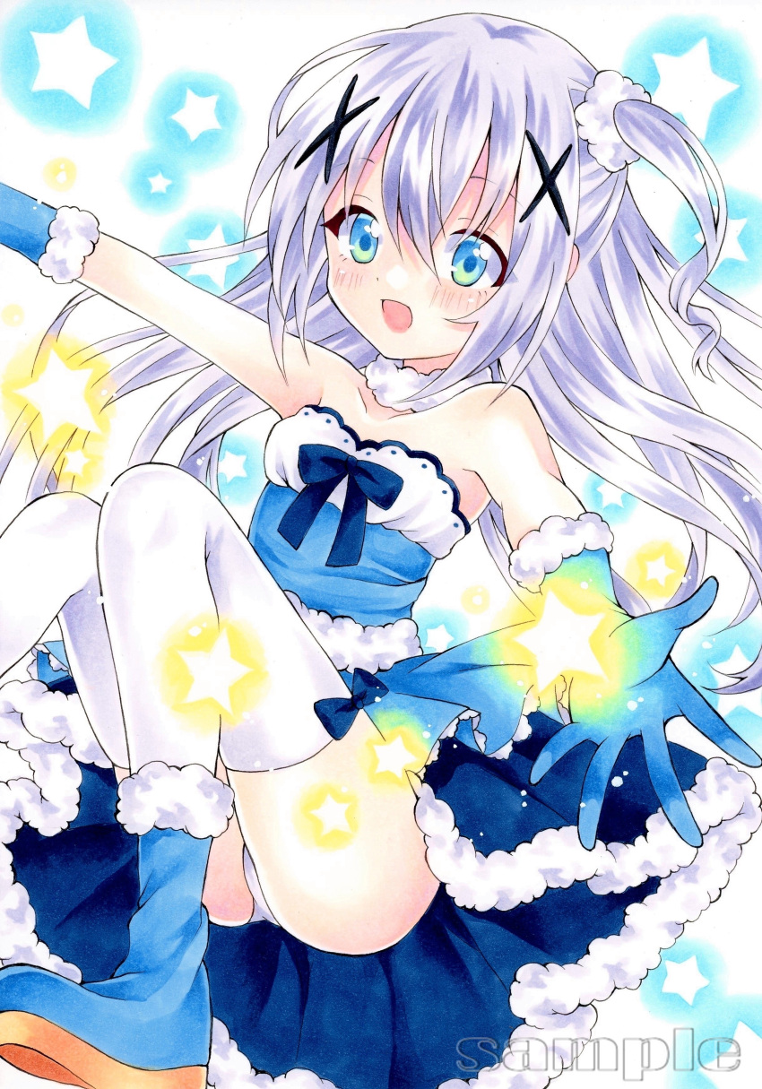 1girl :d absurdres bangs blue_bow blue_dress blue_eyes blue_footwear blue_gloves boots bow choker collarbone dress floating_hair fur-trimmed_boots fur-trimmed_dress fur-trimmed_gloves fur_trim gloves gochuumon_wa_usagi_desu_ka? hair_between_eyes hair_ornament highres kafuu_chino layered_dress long_hair looking_at_viewer marker_(medium) open_mouth outstretched_arms outstretched_hand panties sample shiny shiny_hair short_dress side_ponytail silver_hair sleeveless sleeveless_dress smile solo strapless strapless_dress striped striped_dress thigh-highs traditional_media underwear very_long_hair white_legwear white_panties x_hair_ornament yuiki_(cube)