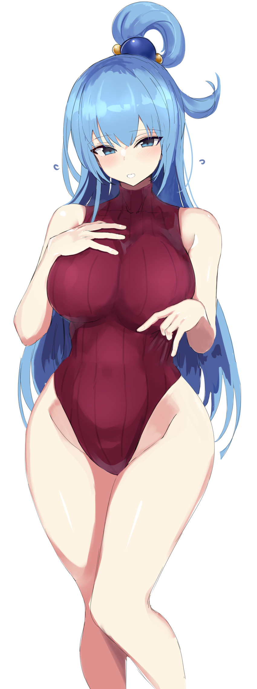 1girl absurdres aqua_(konosuba) blue_eyes blue_hair breasts commentary_request cowboy_shot fafas68 groin hair_rings highleg highleg_leotard highres kono_subarashii_sekai_ni_shukufuku_wo! large_breasts leotard long_hair looking_at_viewer red_leotard ribbed_leotard simple_background sleeveless solo standing turtleneck_leotard very_long_hair white_background