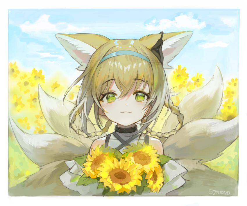 1girl animal_ears arknights bangs bare_shoulders black_choker blue_hairband border braid choker colored_tips commentary dress eyebrows_visible_through_hair flower fox_ears fox_tail green_eyes hair_rings hairband highres holding holding_flower kitsune kyuubi looking_at_viewer multicolored_hair multiple_tails outdoors smile solo soyoong_jun sunflower suzuran_(arknights) tail twin_braids upper_body white_dress white_hair