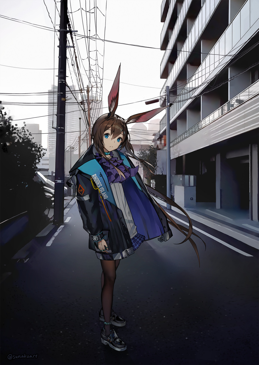 1girl amiya_(arknights) animal_ear_fluff animal_ears arknights bangs black_footwear black_jacket blue_eyes blue_skirt brown_hair brown_legwear building commentary day english_commentary eyebrows_visible_through_hair floating_hair hair_between_eyes highres jacket jewelry long_hair long_sleeves open_clothes open_jacket outdoors pantyhose plaid plaid_skirt pleated_skirt power_lines puffy_long_sleeves puffy_sleeves rabbit_ears ring shirt shoes skirt solo standing sunako_(veera) telephone_pole twitter_username very_long_hair white_shirt