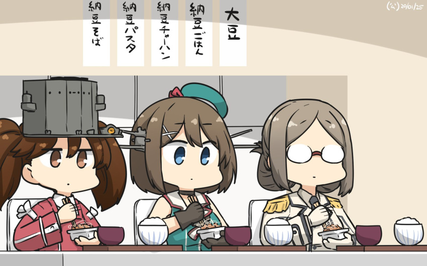 3girls beret black_choker black_gloves blue_eyes bowl breasts brown_eyes brown_hair choker collared_shirt commentary_request dated double-breasted epaulettes folded_ponytail food glasses gloves green_headwear grey_hair hair_ornament hairclip hamu_koutarou hat headgear highres kantai_collection katori_(kantai_collection) large_breasts maya_(kantai_collection) military military_uniform multiple_girls nattou opaque_glasses red_shirt remodel_(kantai_collection) ryuujou_(kantai_collection) school_uniform semi-rimless_eyewear serafuku shirt short_hair sleeveless stirring translation_request twintails uniform upper_body visor_cap white_gloves x_hair_ornament