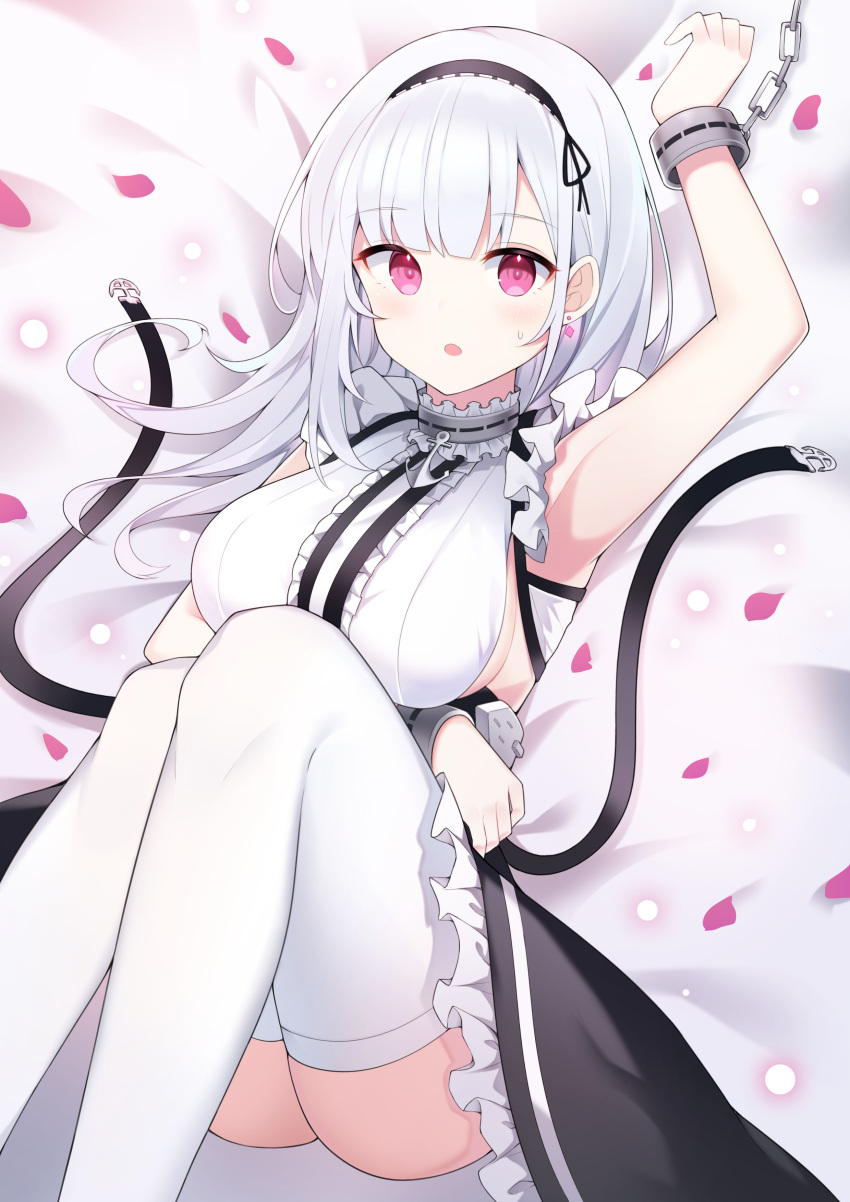 1girl :o absurdres arm_up armpits ass azur_lane bare_shoulders bed_sheet breasts choker commentary_request cuffs dido_(azur_lane) dress earrings frilled_choker frilled_dress frills hairband handcuffs highres jewelry knees_up large_breasts long_hair looking_at_viewer lying on_back open_mouth paaru pink_eyes solo sweat thigh-highs white_dress white_hair white_legwear