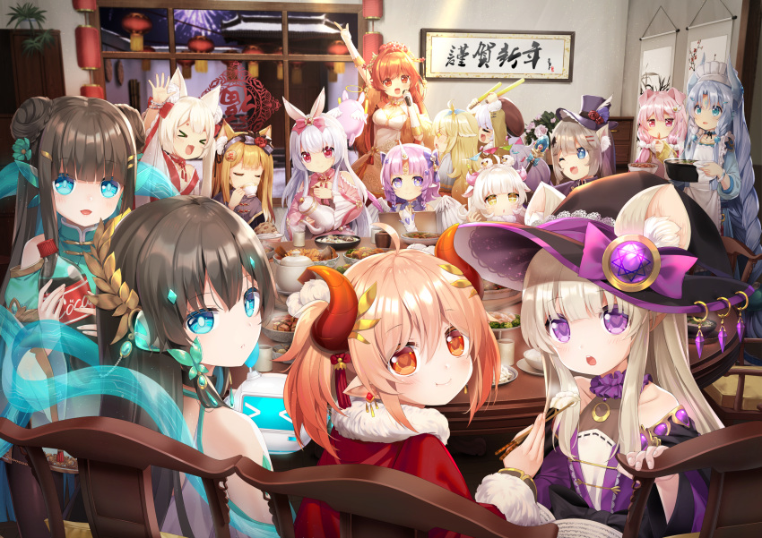 &gt;_&lt; 6+girls animal_ears arm_up bangs blonde_hair blue_eyes bow brown_hair butterfly_hair_ornament closed_eyes double_bun earrings ears_through_headwear hair_bow hair_ornament hairclip hat headband heart heart-shaped_pupils highres holding holding_microphone horn indoors jewelry long_hair looking_at_viewer microphone mimikkoui momona_(mvv) multiple_girls mvv open_mouth pink_hair pointy_ears purple_hair rabbit_ears red_eyes redhead short_hair silver_hair symbol-shaped_pupils violet_eyes white_hair