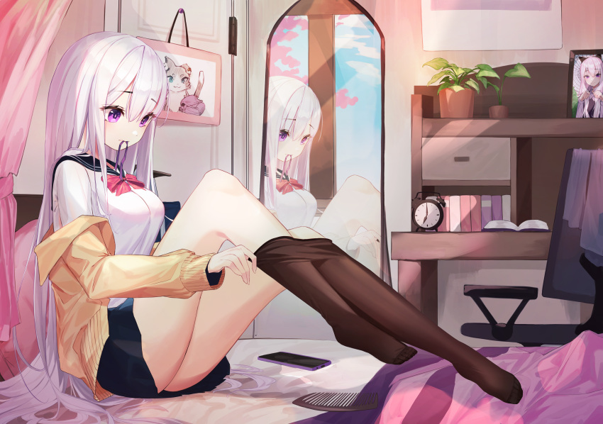 1girl absurdres adjusting_clothes adjusting_legwear bed black_legwear black_skirt casual clock emilia_(re:zero) eyebrows_visible_through_hair full_body hair_between_eyes highres indoors knees_up long_hair long_sleeves looking_down mirror mouth_hold munseonghwa on_bed pantyhose photo_(object) pink_eyes puck_(re:zero) re:zero_kara_hajimeru_isekai_seikatsu reflection school_uniform shirt sitting skirt solo white_hair white_shirt