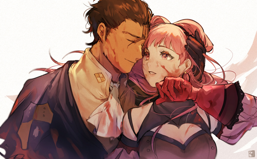 1boy 1girl blood blood_on_face bloody_clothes brown_hair claude_von_riegan closed_eyes closed_mouth dark_skin dark_skinned_male earrings fire_emblem fire_emblem:_three_houses gloves highres hilda_valentine_goneril jewelry long_hair long_sleeves parted_lips pink_eyes pink_hair red_gloves short_hair simple_background upper_body velahka white_background