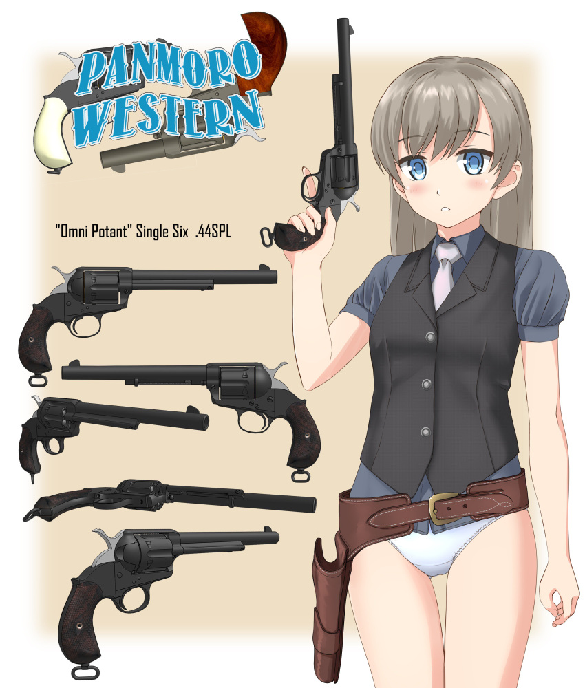 1girl absurdres black_vest blonde_hair blue_eyes blush cowboy_shot empty_eyes gun handgun highres holding holding_gun holding_weapon holster necktie no_panties original panties pistol puffy_sleeves revolver short_sleeves solo takafumi thigh_holster trigger_discipline underwear vest weapon white_panties