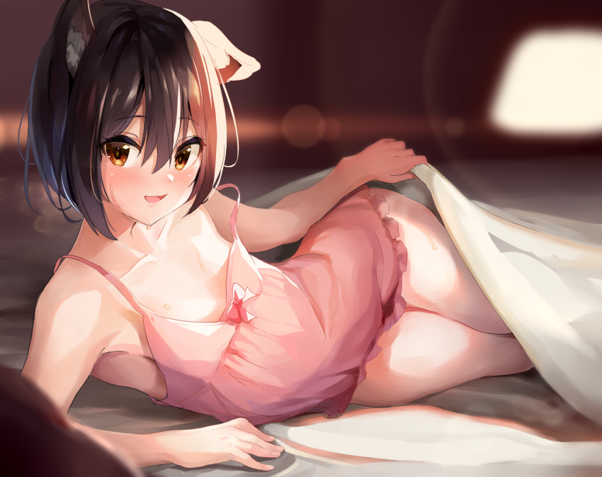 1girl animal_ear_fluff animal_ears bangs bare_arms bare_shoulders black_hair blurry blurry_foreground bow brown_eyes cat_ears collarbone commentary depth_of_field dress eyebrows_visible_through_hair frilled_dress frills hair_between_eyes highres looking_at_viewer maeshimashi open_mouth original pink_dress red_bow short_hair sleeveless sleeveless_dress smile solo sweat under_covers